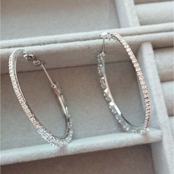 Cubic Zirconia silver tone hoop earrings - Picture 6 of 8
